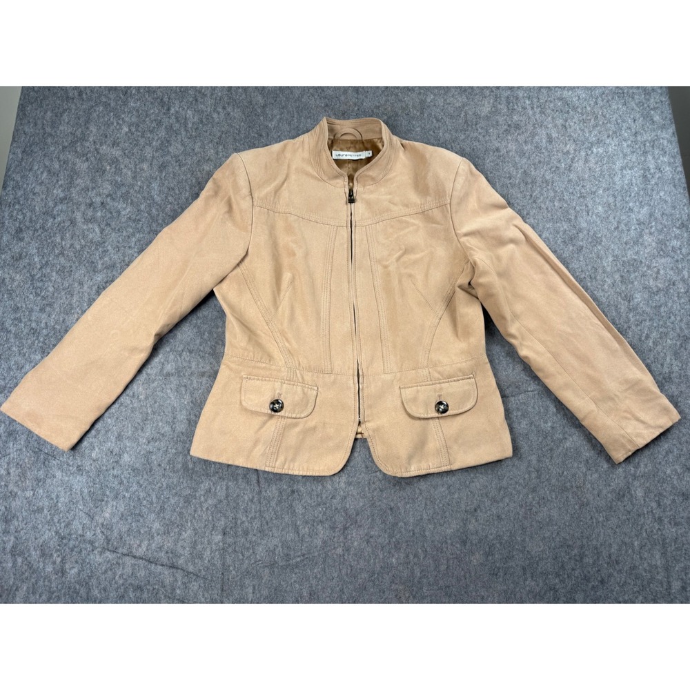 Laura Petites Faux Suede Jacket Women 8 Tan Polyester Zip Mock Neck Preppy Chic